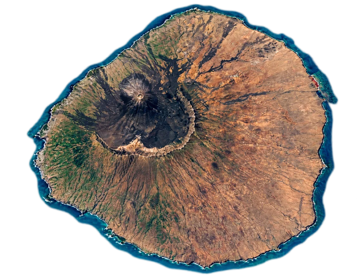 Representação digital de Fogo, com o contorno completo da ilha, relevo e costa.