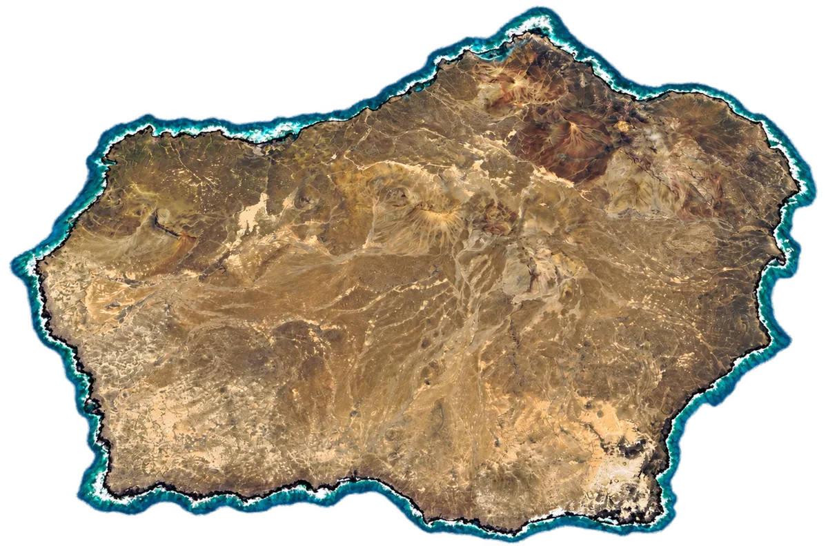 Representação digital de Ilhéu Raso, com o contorno e relevo da ilha