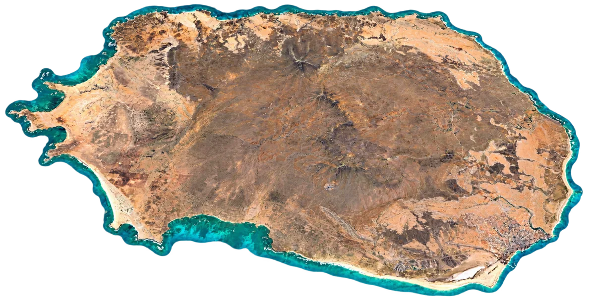 Representação digital de Maio, com o contorno completo da ilha, relevo e costa.