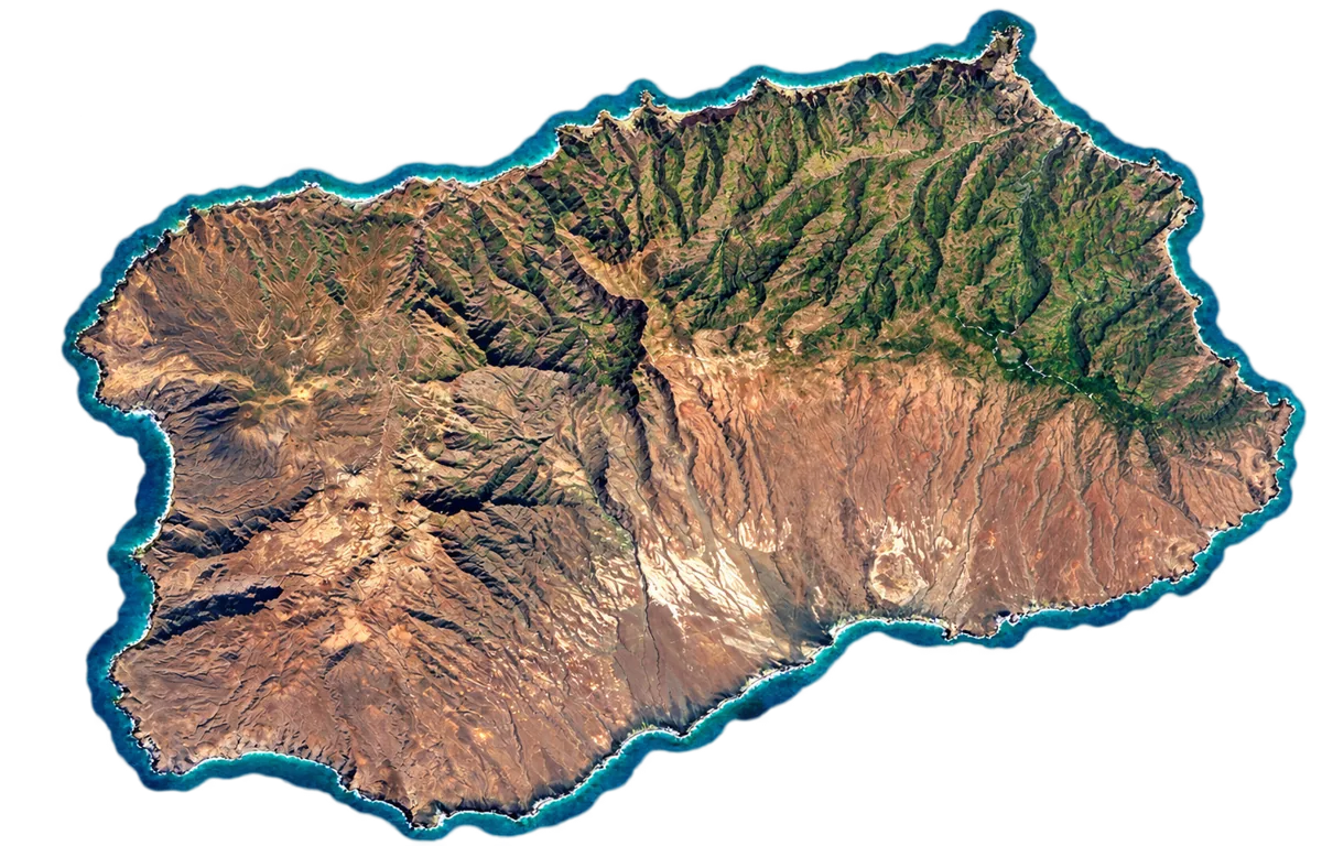 Representação digital de Santo Antão, com o contorno completo da ilha, relevo e costa.