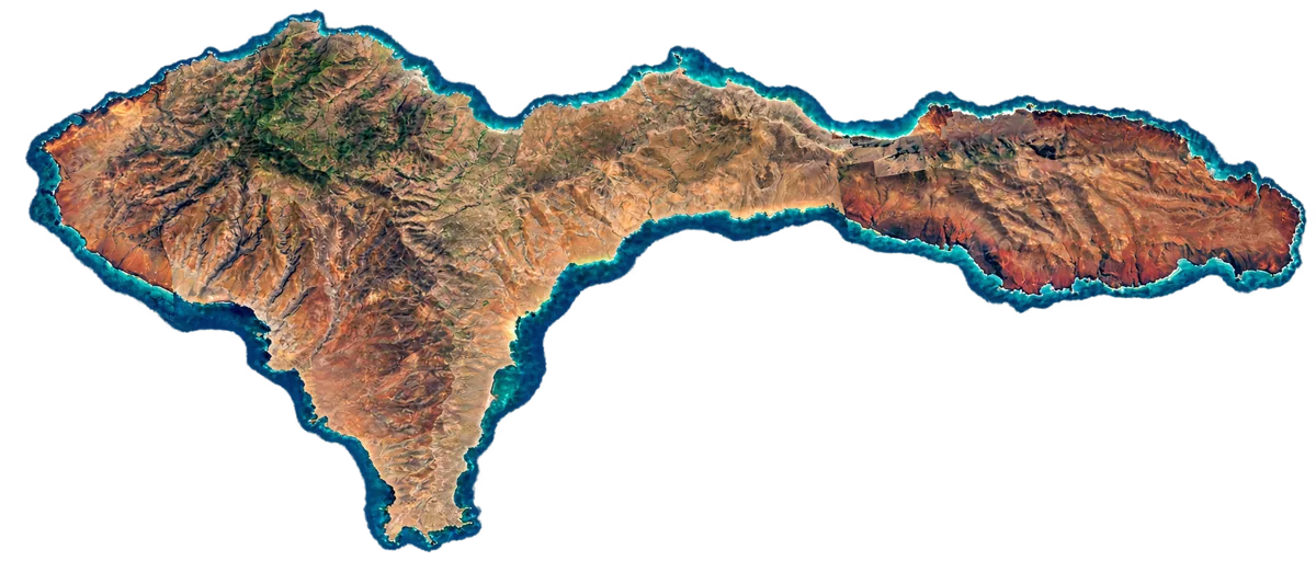 Representação digital de São Nicolau, com o contorno completo da ilha, relevo e costa.