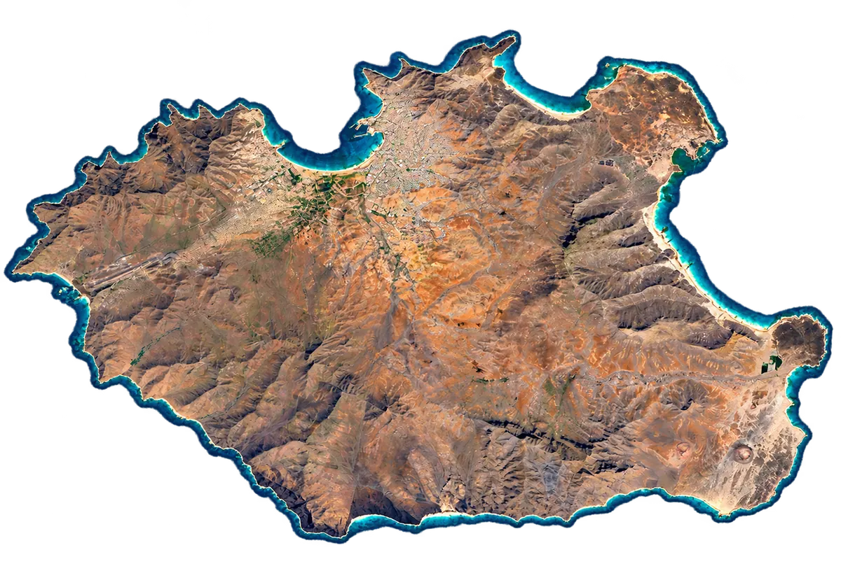 Representação digital de São Vicente, com o contorno completo da ilha, relevo e costa.